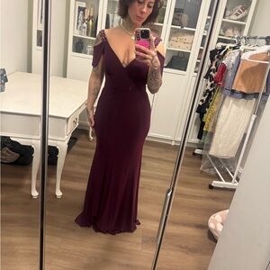 Betsy & Adam Deep Plum Cold-Shoulder Evening Gown